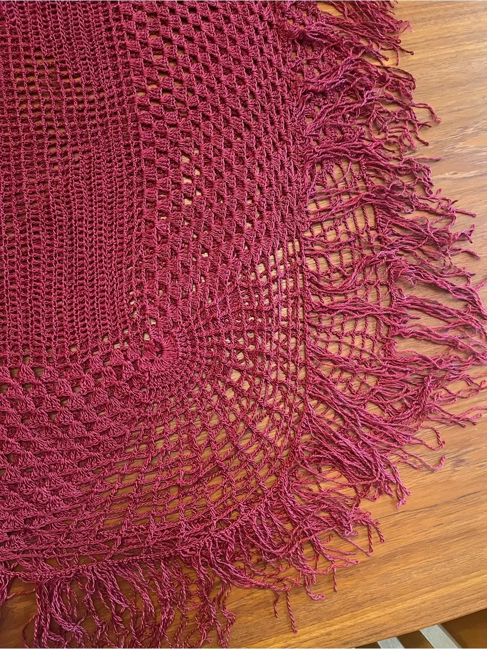 Antique Hand Crochet Burgundy Fringe Tablecloth